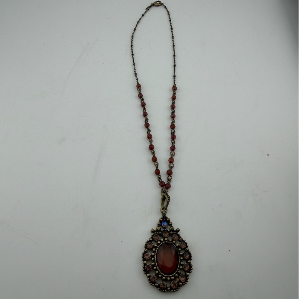 SAQ Vintage Boho Style Pendant Necklace Red Bronze Victorian Beaded‎ Bezel